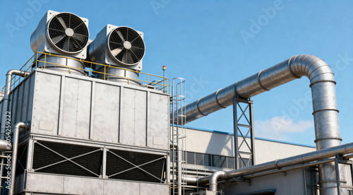 Industrial cooling tower system with large exhaust fans and ventilation ducts at a factory plant under a blue sky, energy management and thermal engineering equipment for industrial water cooling 