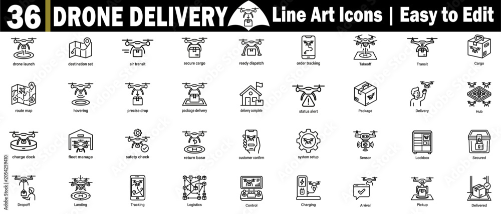 Fototapeta premium Drone delivery line art icons pack. Signs and symbols for web and app. modern ui ux. Drone delivery line art icons pack. Vector Illustration.