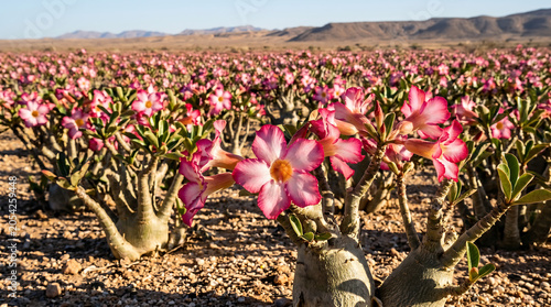 Field of blooming pink desert rose adenium flowers stretching across rocky ground