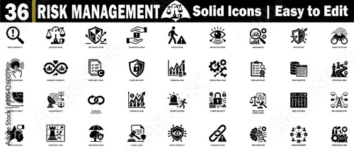 Risk management solid icons set. Editable stroke Perfect modern icon design, solid style. Vector Illustration.