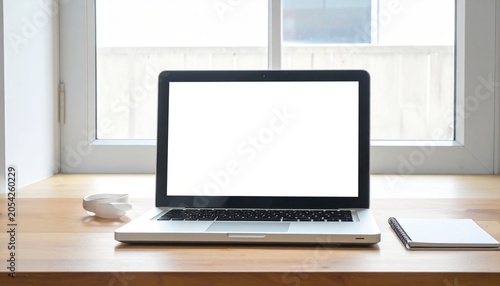 Side profile view of minimal desk setup with laptop and notebook, clean composition with natural lighting. Balanced negative space and functional layout.