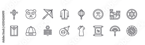 Fényképezés Collection of 16 outline China icons with chinese knot, red envelope, panda, chinese hat, umbrella