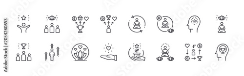 Photos Collection of 16 outline Skill Development and Emotional Management icons with opportunity, team, meditate, skill development, Successful