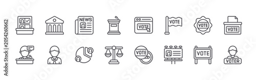 Fotografie Collection of 16 outline Election icons with ballot, speech, goverment, Politician, news