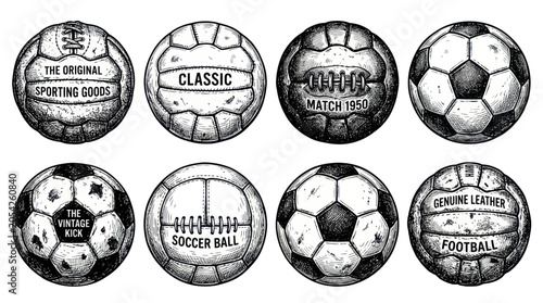 Vintage soccer balls in various styles.