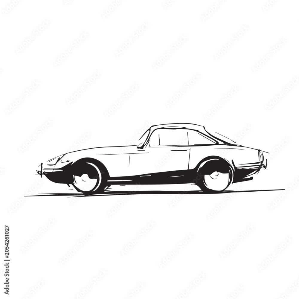 Naklejka premium Vintage Sports Car Clipart Vector Classic Coupe Line Art Retro Automobile Icon Outline Doodle Sketch