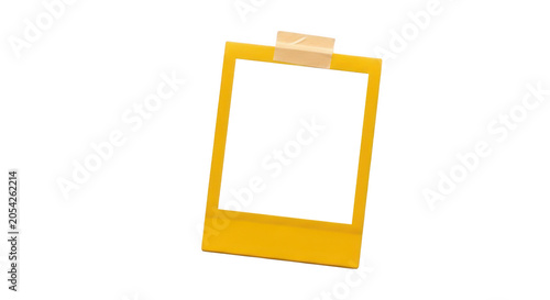 Yellow polaroid photo frame with tape on transparent background