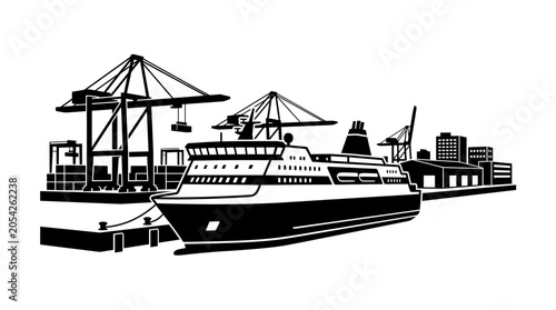 Cuadro en lienzo Cargo ship and port cranes black and white silhouette illustration