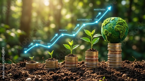 Growing plants on coin stacks with holographic financial arrow isolated on transparent background for sustainable economy graphics