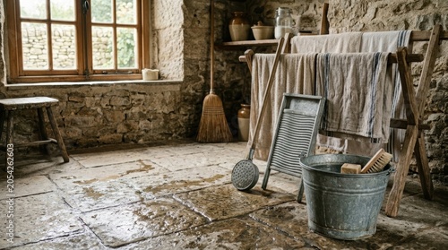 Vintage laundry interior with washboard and metal bucket in rustic stone cottage. Traditional manual clothes washing tools. Old farmhouse housekeeping scene for domestic chore concept.