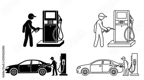 Bild auf Leinwand Gas station scene with vehicle and attendant black silhouette style