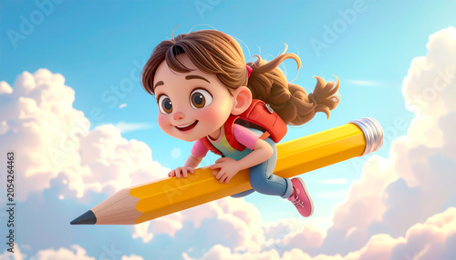 Cartoon Kind fliegt auf Bleistift, Thema Schule 