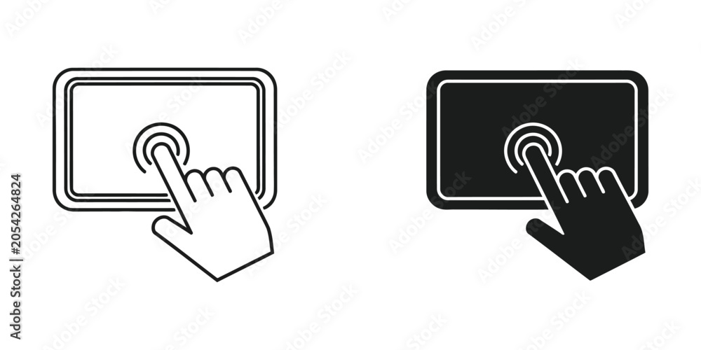 © FREELANCER - Human finger touching screen on tablet device with isolated white background and outline illustration