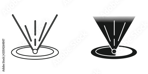 Fényképezés Hologram projection icon with light rays emanating from a circle on a white back