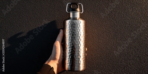 Hand Holding Metal Water Bottle with Hammered Texture and Black Cap on Dark Background mock-up image