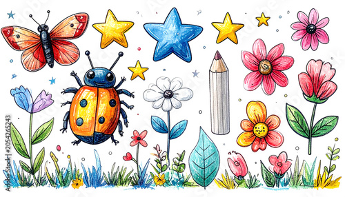 Bunte Kinderillustration mit Marienkäfer, Schmetterling und Blumen