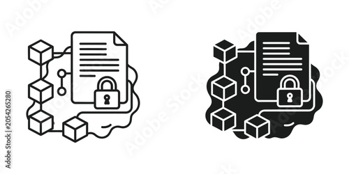 Secured digital document connected in blockchain network with padlock icon for data integrity concept