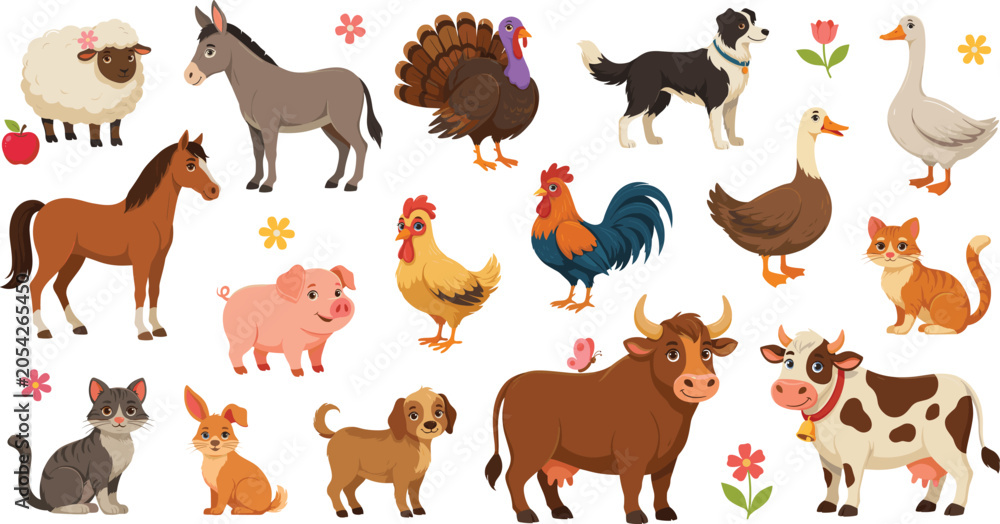 Obraz premium Cute Cartoon Farm Animal Vector Character Set with Domestic Livestock and Pets for Children Books Nursery Decor and Countryside Graphic Designs