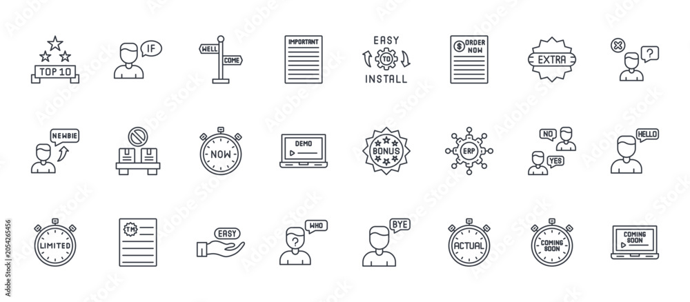 Εκτύπωση καμβά 24 outline Miscellany Texts and Badges web icons such as coming soon, who, yes and no, out of stock, easy installation