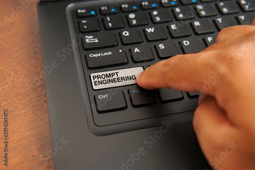 Close up of a computer keyboard with a finger pressing a prompt engineering key, representing artificial intelligence, AI prompting, generative AI, and human-AI interaction concepts.