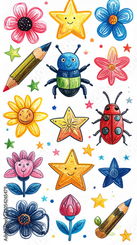 Bunte Kinderillustration mit Marienkäfer, Schmetterling und Blumen