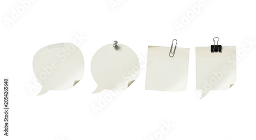 Four white sticky notes with clips and pins on isolated transparent background