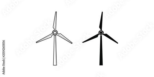 Two wind turbines in silhouette and outline against white background representing renewable energy concept