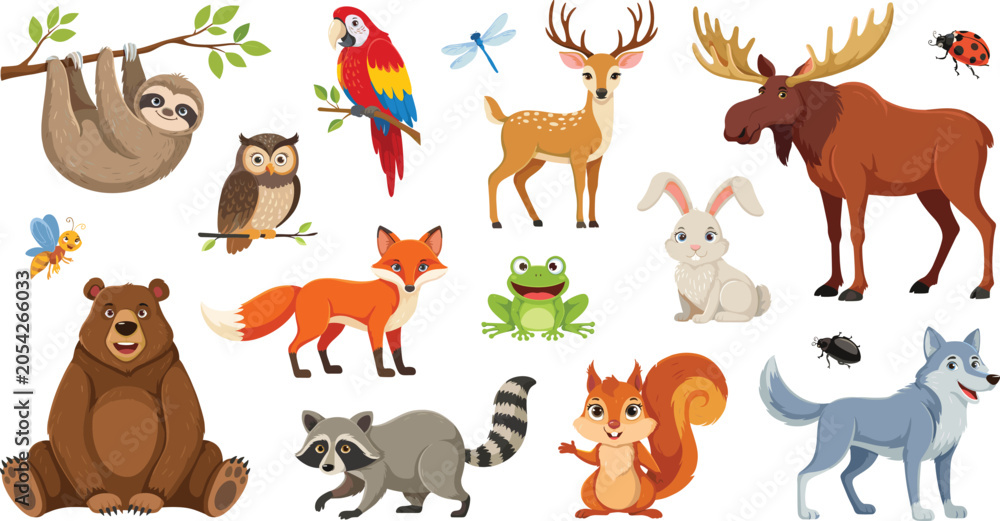 Fototapeta premium Cute Cartoon Forest and Woodland Animal Vector Character Set with Bear Moose Sloth Fox Deer and Wolf for Children Illustration Graphic Design