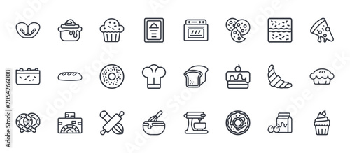 24 outline Bakery web icons such as dairy products, dough, croissant, bread, oven. Thin vector symbols for report, presentation, web design and mobile app