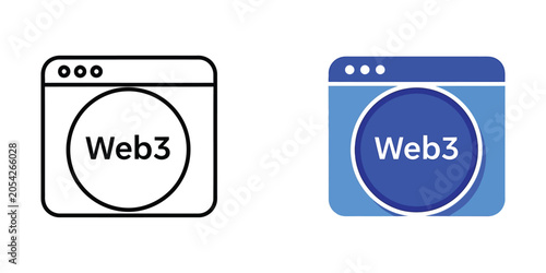 Web3 browser window icons with circle and text in flat and outline styles on white background