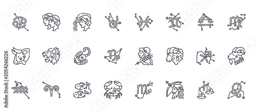 24 outline Horoscope web icons such as libra, cancer, sagittarius, leo, pisces. Thin vector symbols for report, presentation, web design and mobile app