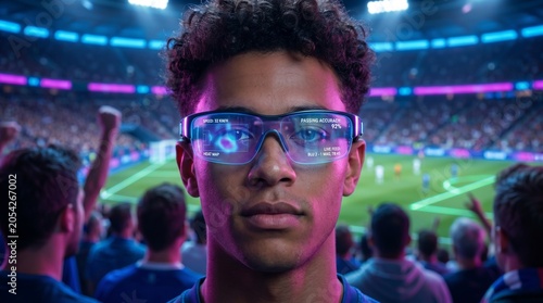 Future Athlete Vision: A focused young athlete wearing futuristic augmented reality glasses gazes intensely ahead.