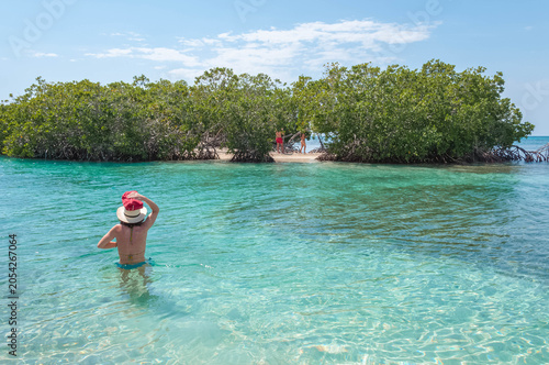 Foto Woman playing in clear turquoise water by a mangrove island in caye caulker, bel