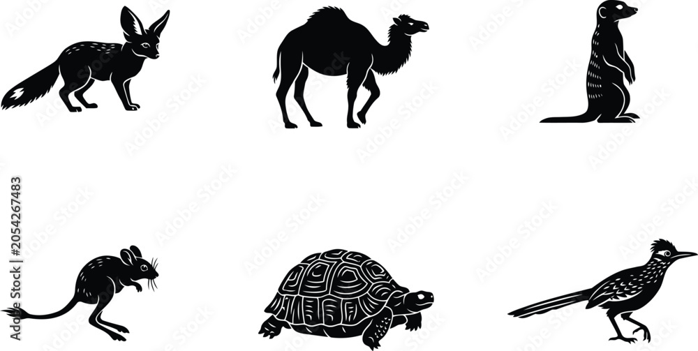 Fototapeta premium Silhouette icon set of various wild animals including fox camel meerkat mouse turtle and roadrunner with silhouette wildlife creatures reptiles collection illustration isolated background