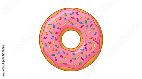 Donut with pink icing and colorful sprinkles on white background