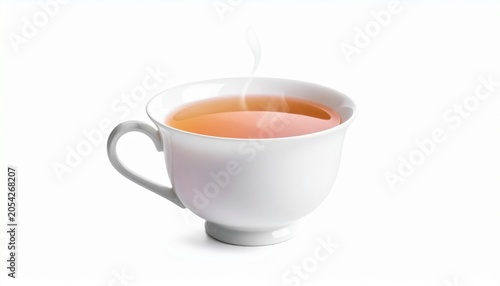 White porcelain teacup with hot amber tea, steam rising, simple saucer on plain background, warm and calming atmosphere with elegant minimal design…