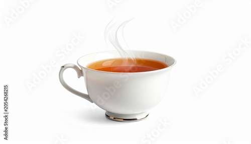 White porcelain teacup with hot amber tea, steam rising, simple saucer on plain background, warm and calming atmosphere with elegant minimal design…