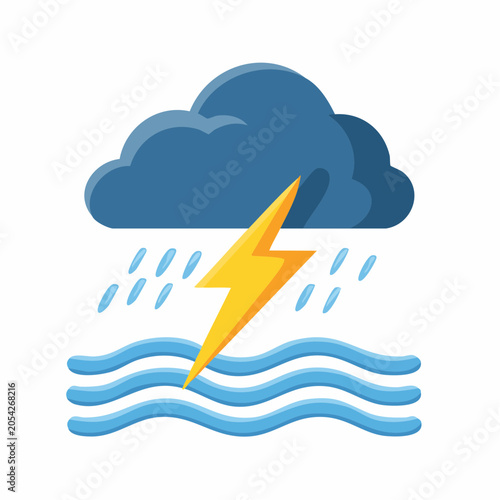 Stormy weather icon with lightning, rain, and waves