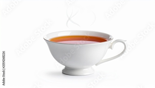 White porcelain teacup with hot amber tea, steam rising, simple saucer on plain background, warm and calming atmosphere with elegant minimal design…