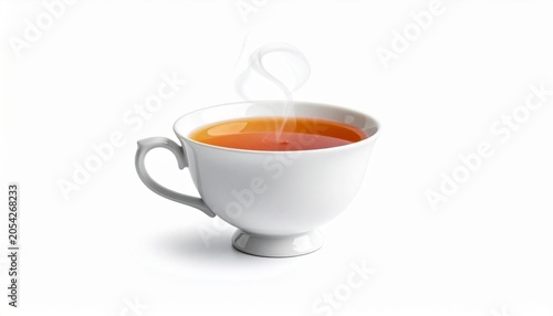 White porcelain teacup with hot amber tea, steam rising, simple saucer on plain background, warm and calming atmosphere with elegant minimal design…