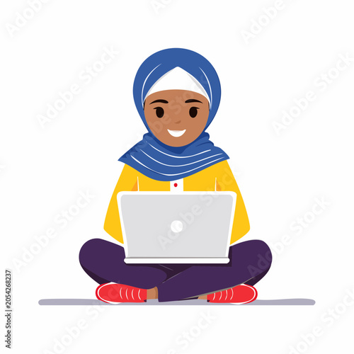 Young Muslim Woman Wearing Hijab Working on Laptop