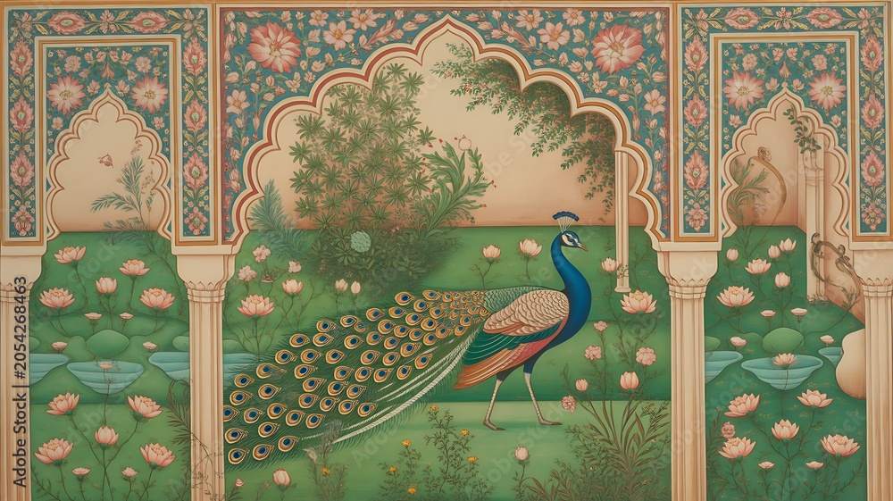 Obraz premium Traditional Mughal garden arch, peacock palace illustration frame for wedding invitation 