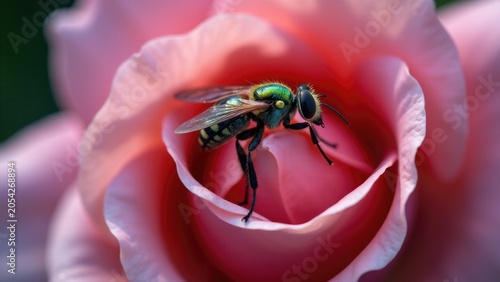 A close-up view of a flower with a fly sitting inside its petals