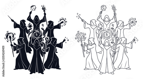 Fotografie Group of wizards casting spells black and white line art illustration