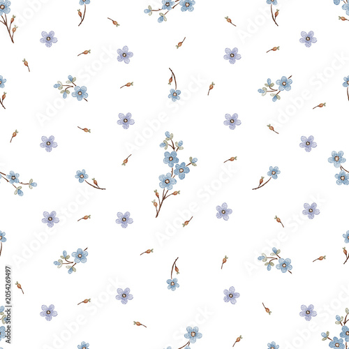 Scattered Blue Wildflower Seamless Pattern with Tiny Floral Sprigs on White Background
