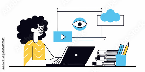 Φωτογραφία Person Using Laptop With Displayed Eye And Cloud Vector Illustration