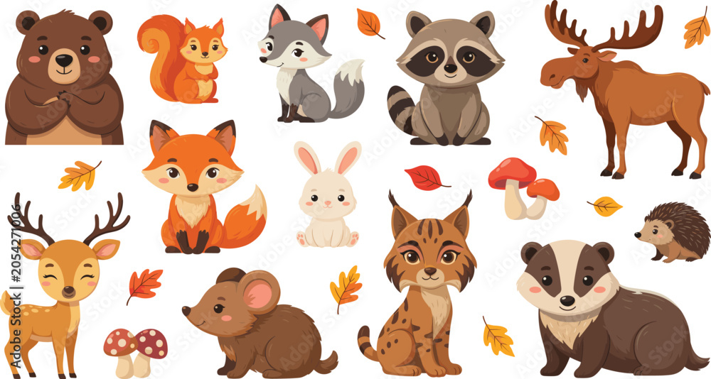 Obraz premium Cute Cartoon Autumn Woodland Animal Vector Set with Bear Fox Raccoon Moose Deer and Lynx Characters for Kids Graphic Design and Nursery Decor