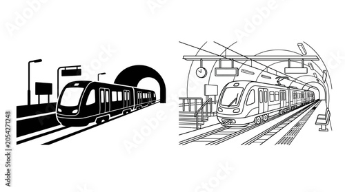 Fényképezés Subway train at station black and white line illustration