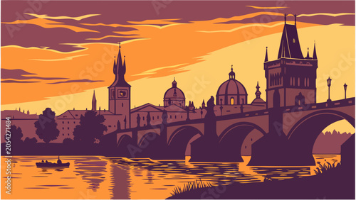 Charles bridge over the vltava river in prague at sunset, historic european cityscape with gothic towers and illuminated skyline in vintage travel poster style