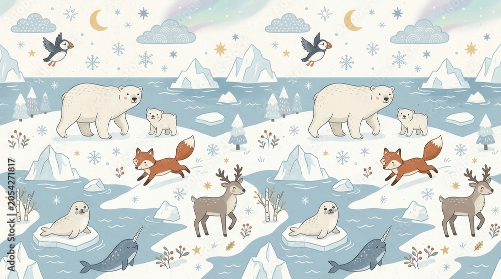 Fototapeta premium Illustrated arctic animals and their young roam a snowy landscape under Northern Lights and moon